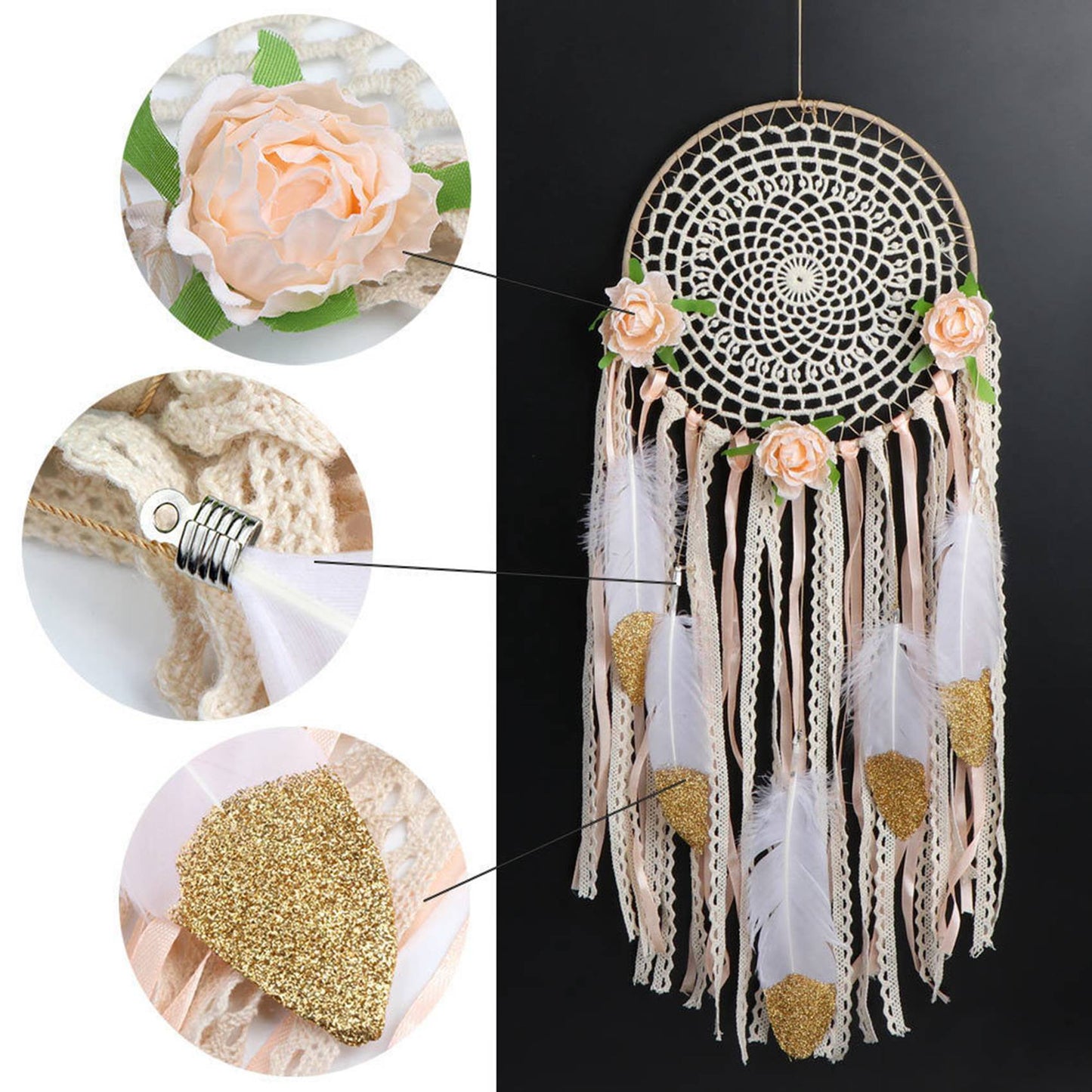 Woven Flower Feathers Dreamcatcher Boho Macrame Hanging Dream Catcher DIY Wind Chimes Wall Art Wedding Decoration