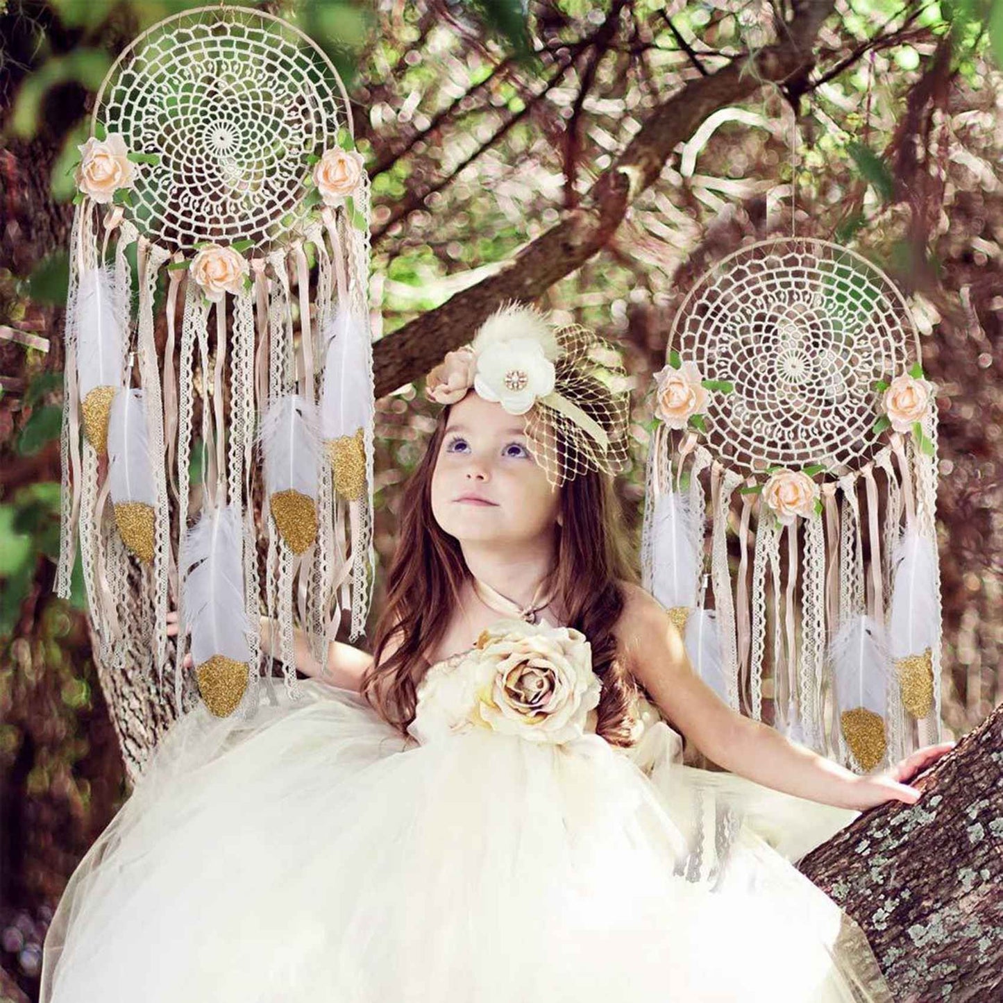 Woven Flower Feathers Dreamcatcher Boho Macrame Hanging Dream Catcher DIY Wind Chimes Wall Art Wedding Decoration