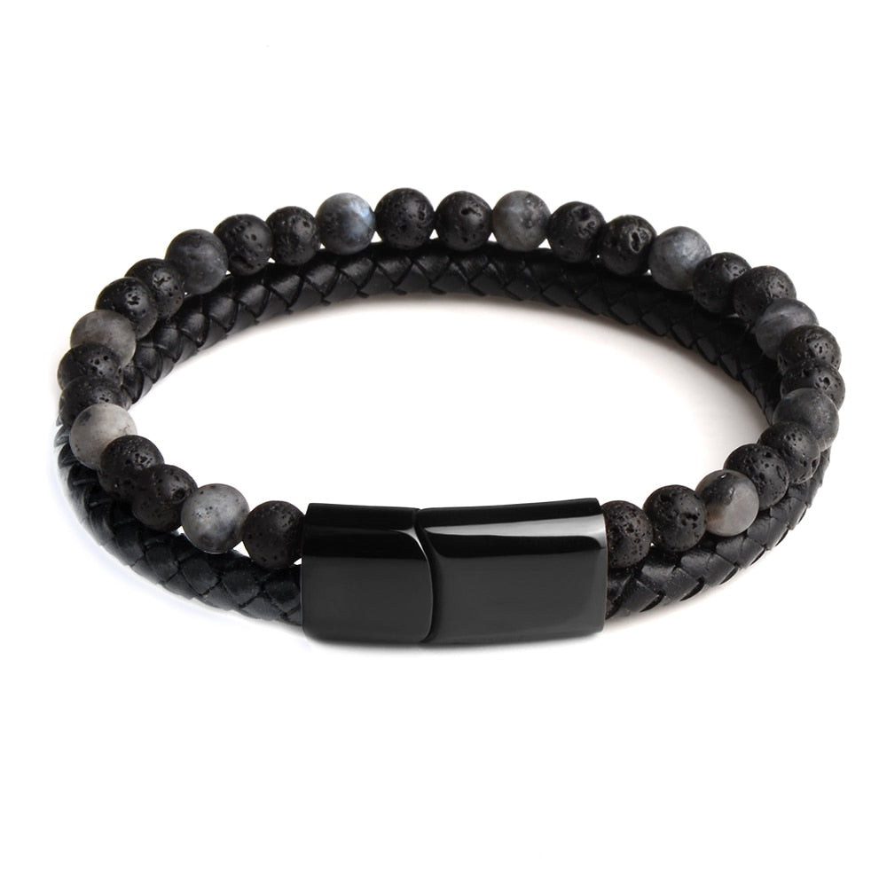 Natural Stone & Leather Braided Bead Bracelet