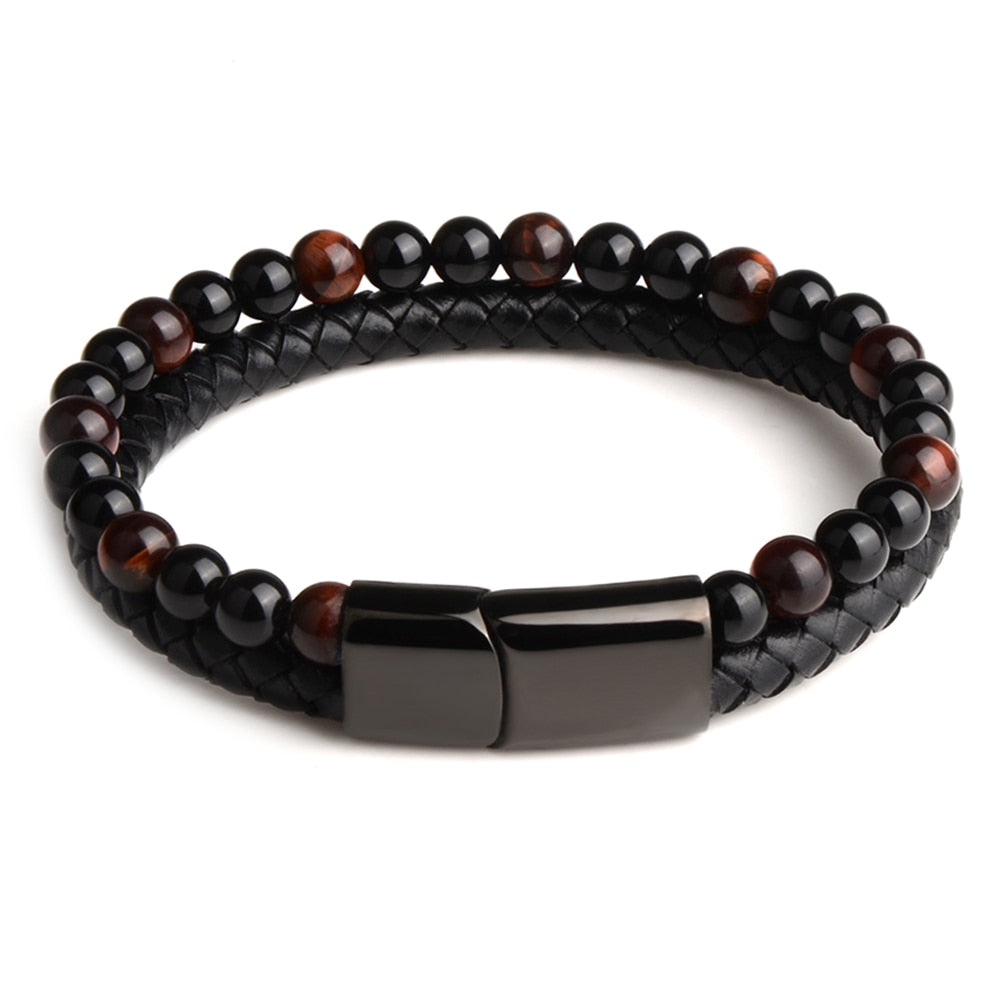 Natural Stone & Leather Braided Bead Bracelet