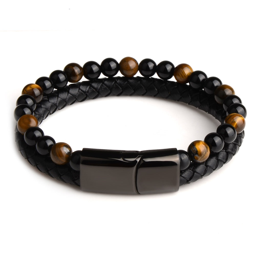 Natural Stone & Leather Braided Bead Bracelet