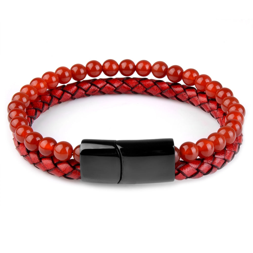 Natural Stone & Leather Braided Bead Bracelet