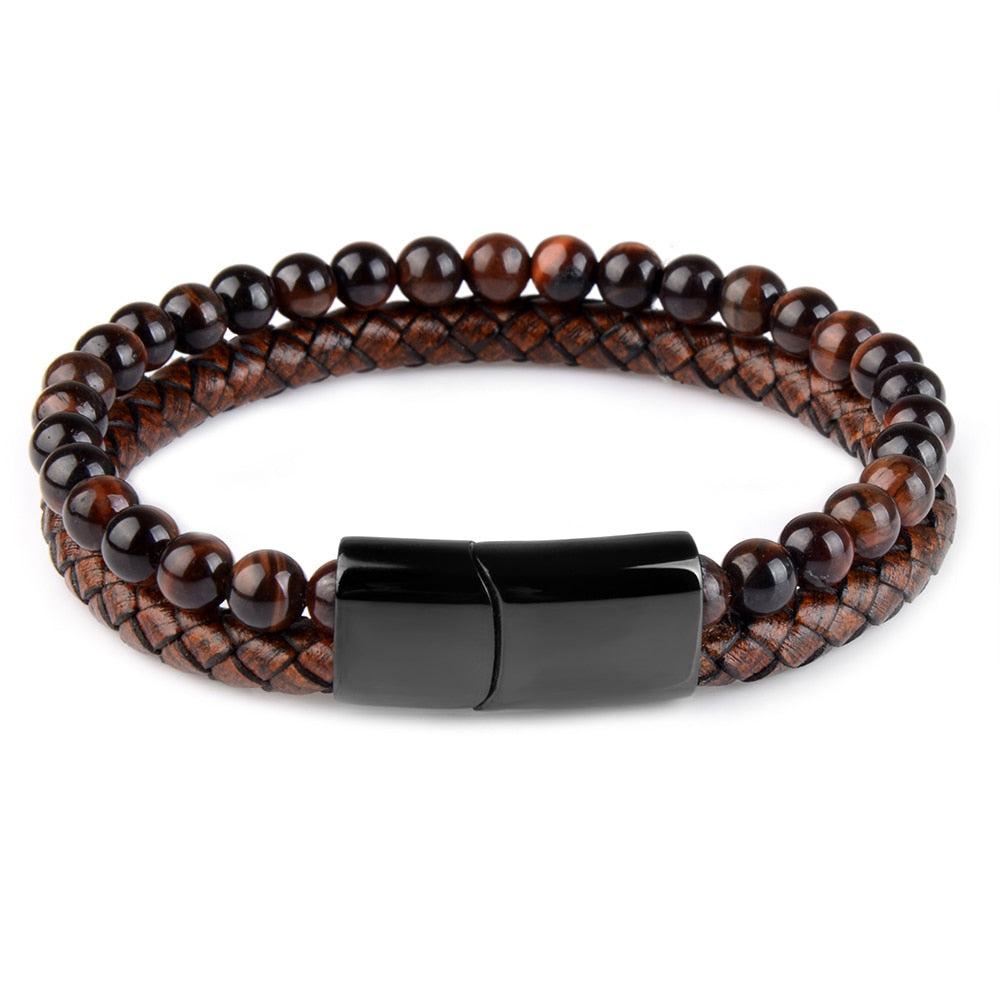 Natural Stone & Leather Braided Bead Bracelet