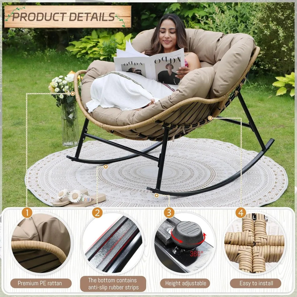 Outdoor Rocking Chair with Padded Cushion, Oversized PE Rattan Comfy Royal Rocking Lounge Chair, Modern Comfy Patio Egg Chair