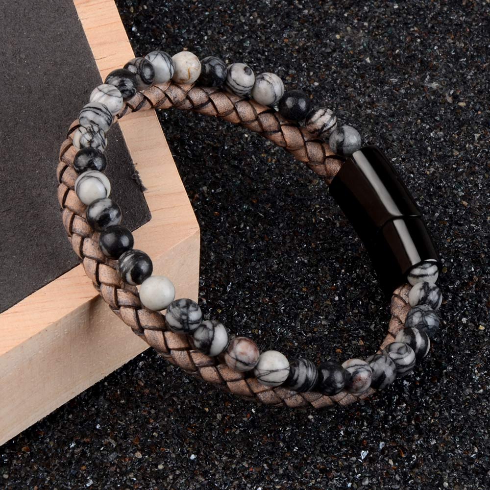Natural Stone & Leather Braided Bead Bracelet