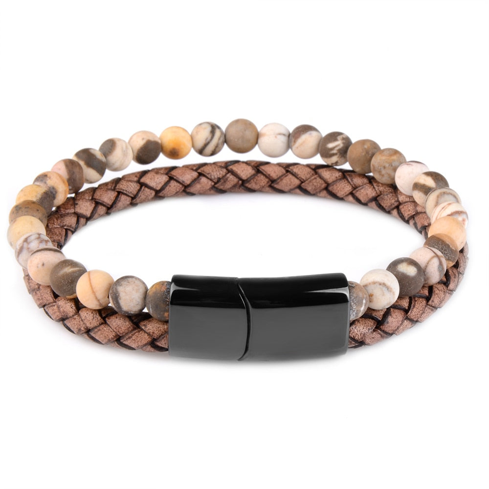Natural Stone & Leather Braided Bead Bracelet