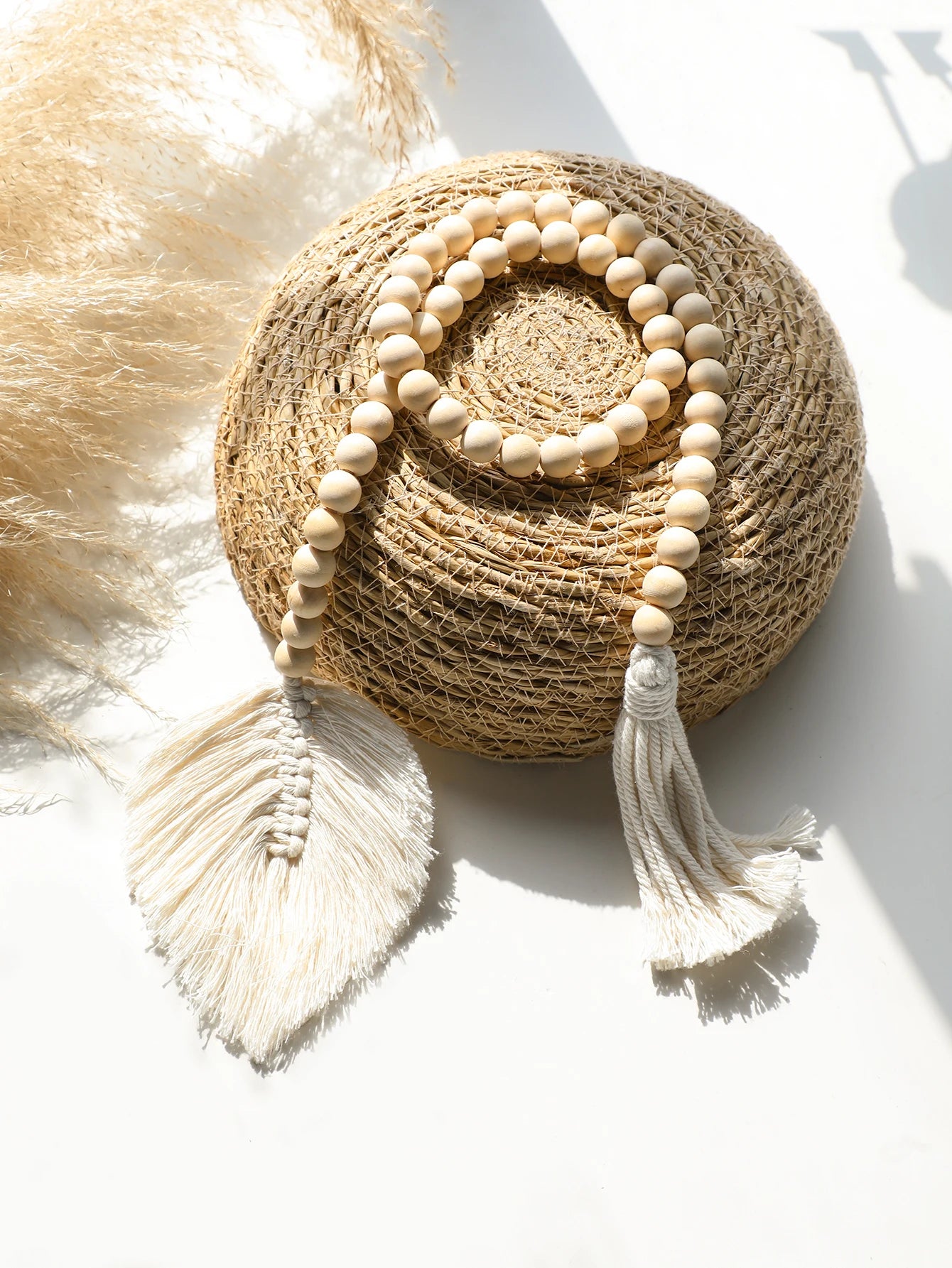 Wood Bead Rope Macrame Leaf Wall Hanging Home Decor Rustic Tassel Wall Decor Handmade Room Ornament Boho Home Decoration Gift