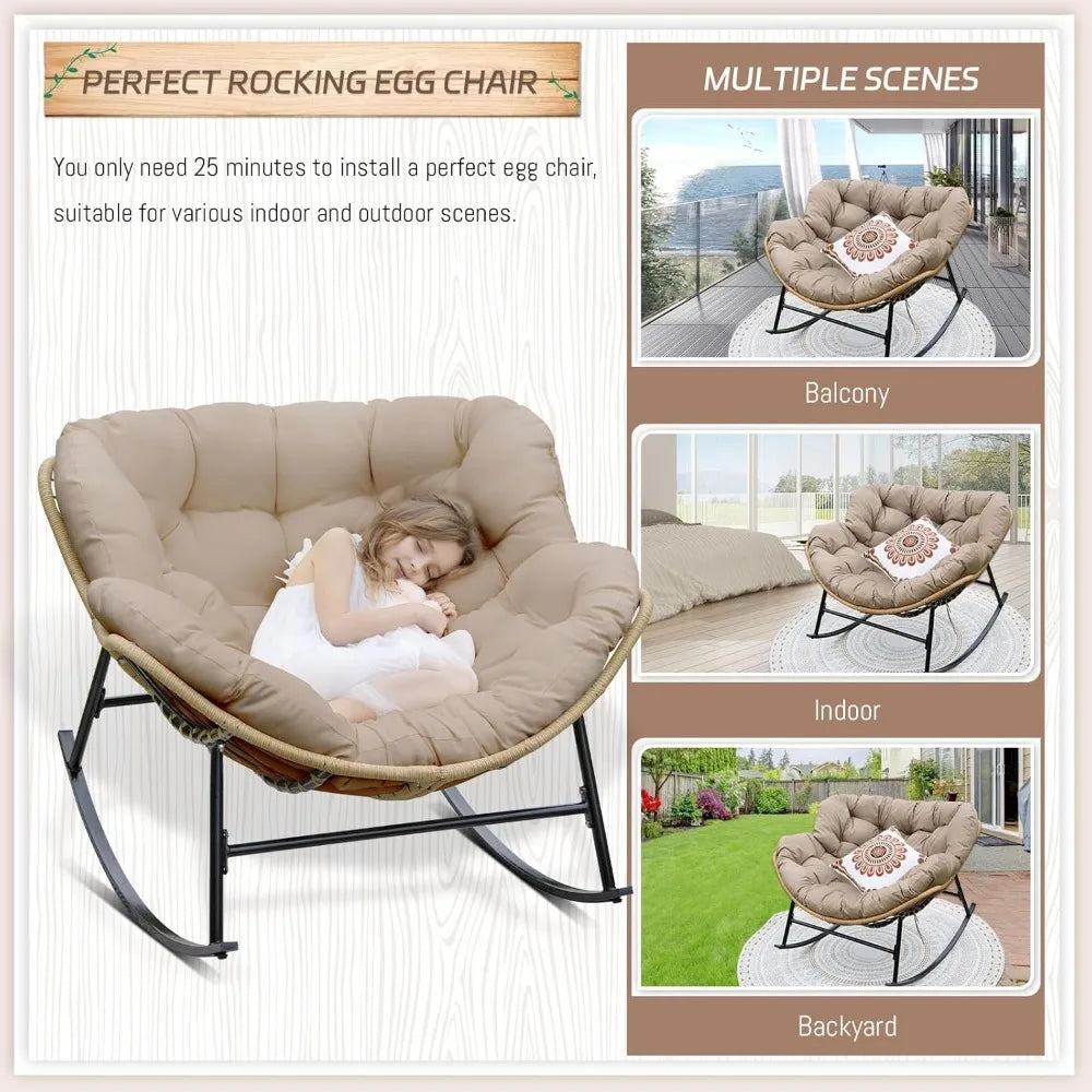 Outdoor Rocking Chair with Padded Cushion, Oversized PE Rattan Comfy Royal Rocking Lounge Chair, Modern Comfy Patio Egg Chair