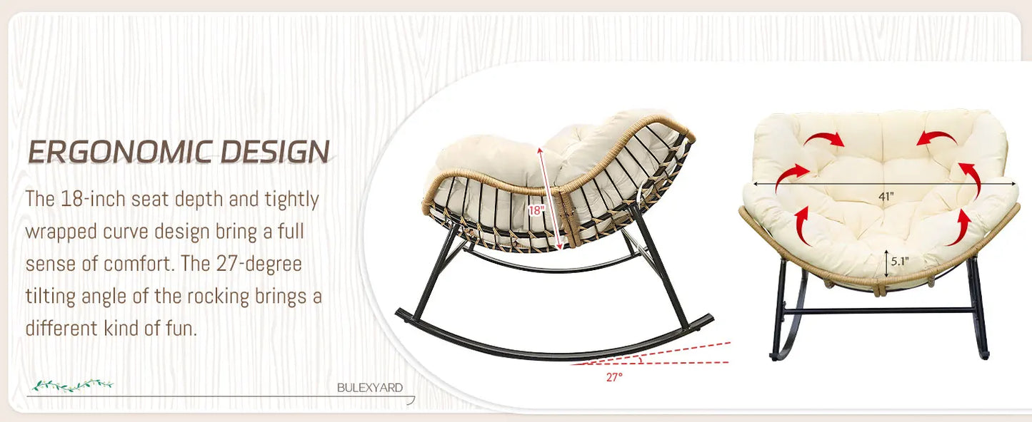 Outdoor Rocking Chair with Padded Cushion, Oversized PE Rattan Comfy Royal Rocking Lounge Chair, Modern Comfy Patio Egg Chair