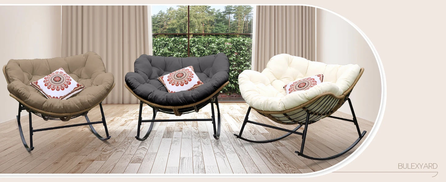 Outdoor Rocking Chair with Padded Cushion, Oversized PE Rattan Comfy Royal Rocking Lounge Chair, Modern Comfy Patio Egg Chair
