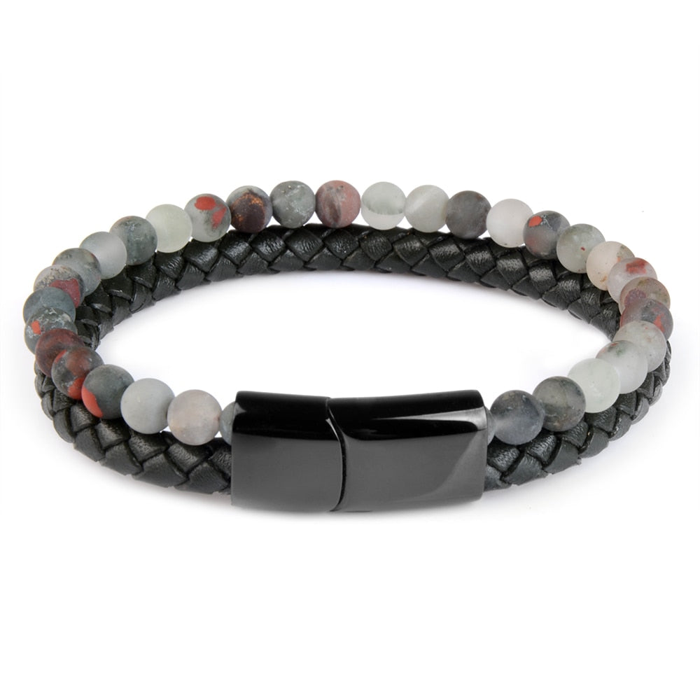 Natural Stone & Leather Braided Bead Bracelet