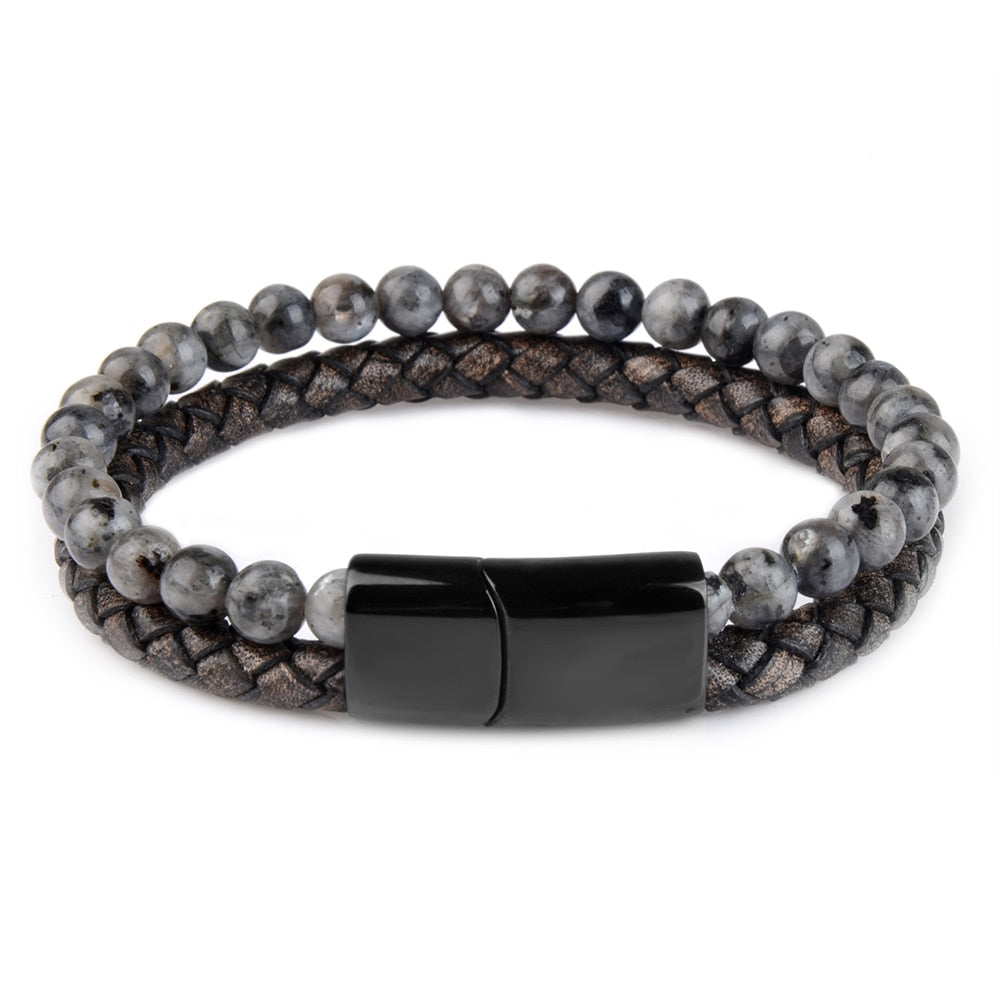 Natural Stone & Leather Braided Bead Bracelet
