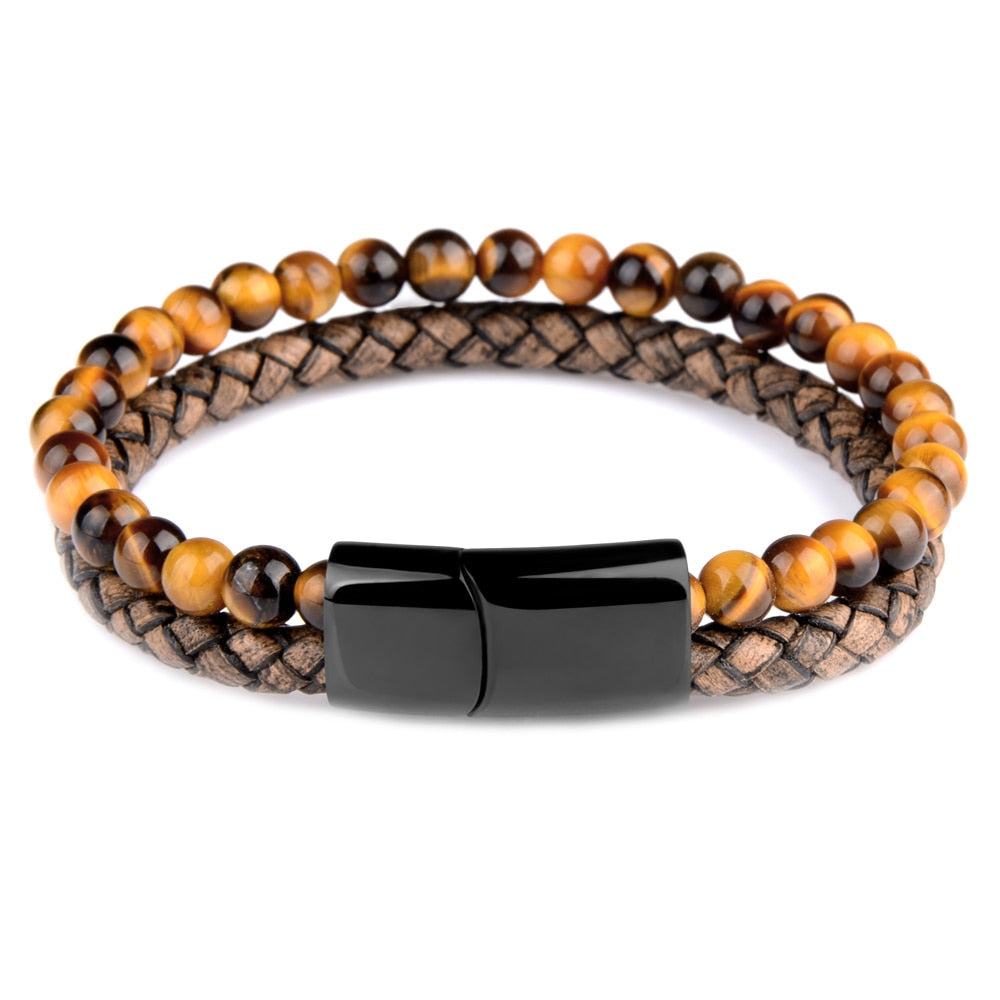 Natural Stone & Leather Braided Bead Bracelet