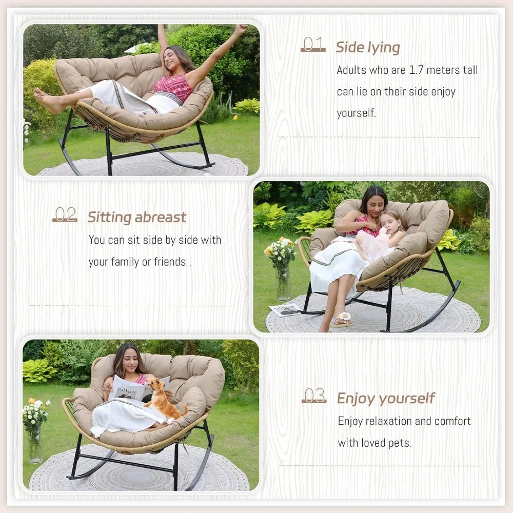 Outdoor Rocking Chair with Padded Cushion, Oversized PE Rattan Comfy Royal Rocking Lounge Chair, Modern Comfy Patio Egg Chair