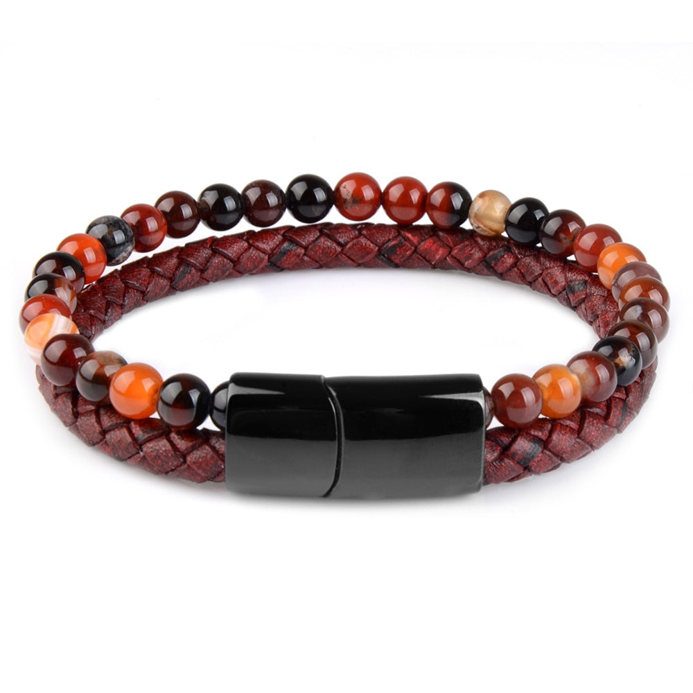 Natural Stone & Leather Braided Bead Bracelet