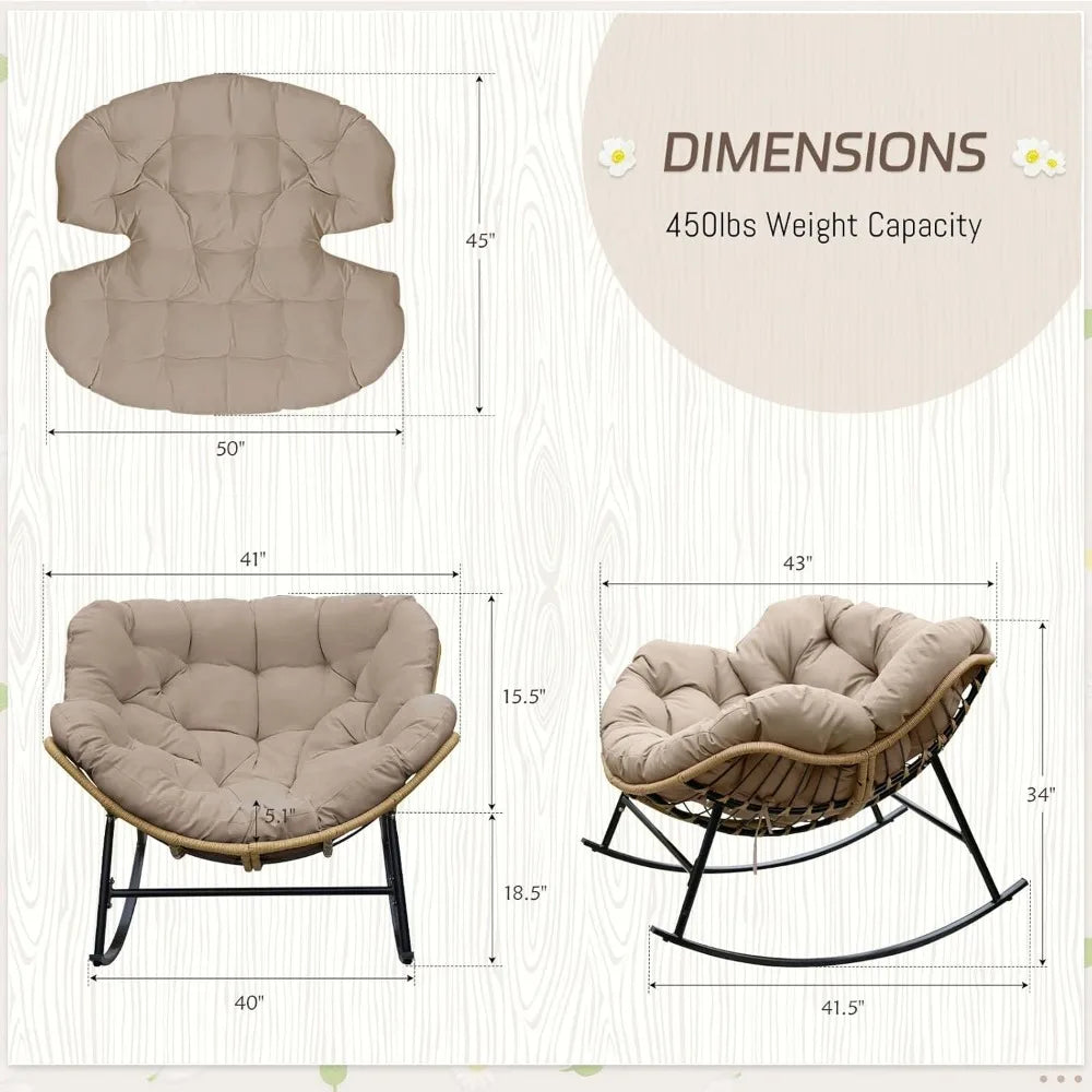 Outdoor Rocking Chair with Padded Cushion, Oversized PE Rattan Comfy Royal Rocking Lounge Chair, Modern Comfy Patio Egg Chair