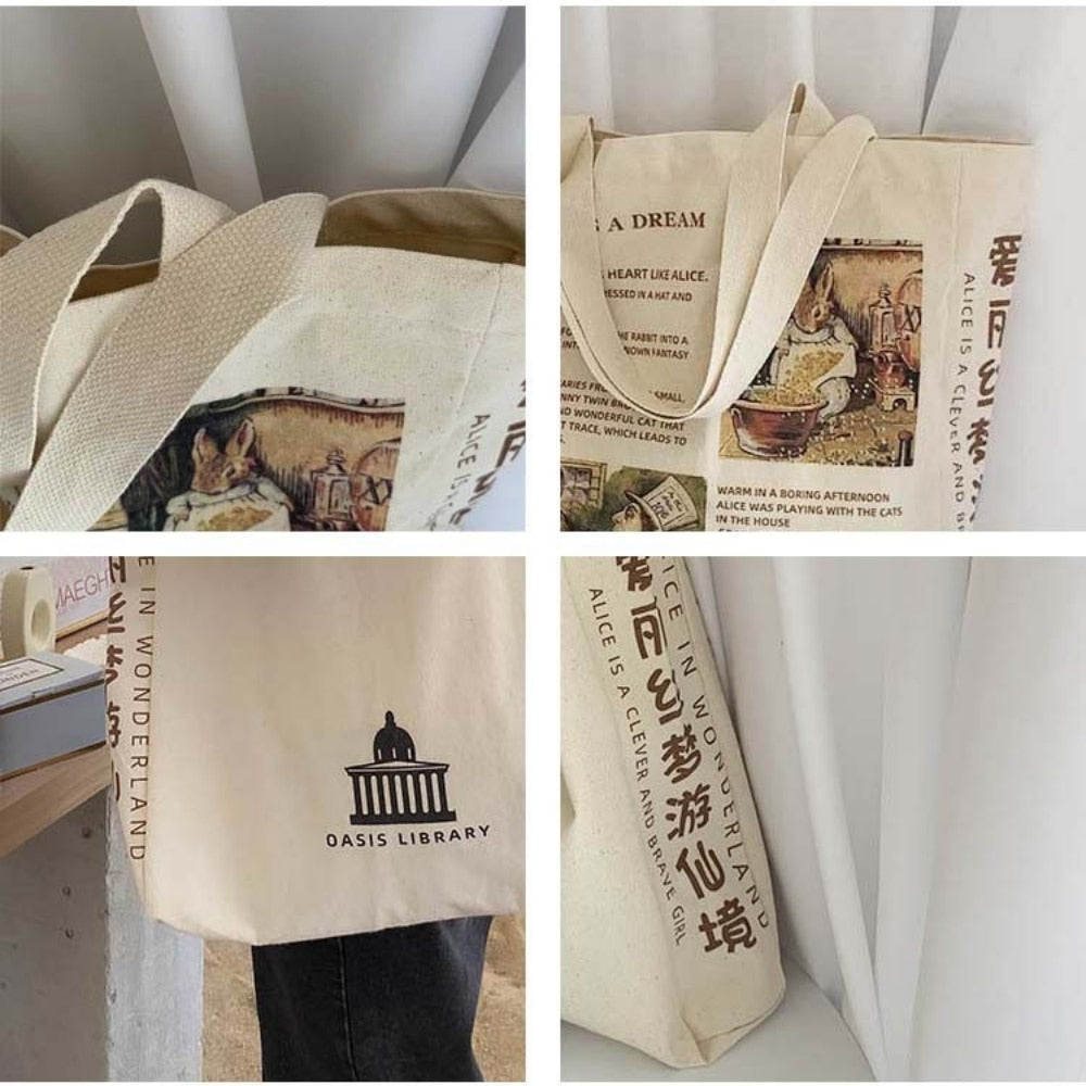 Women Canvas Shoulder Bag Alice In Wonderland Shopping Bags Students Book Bag Cotton Cloth Handbags Tote Bags for Girls Bolsos