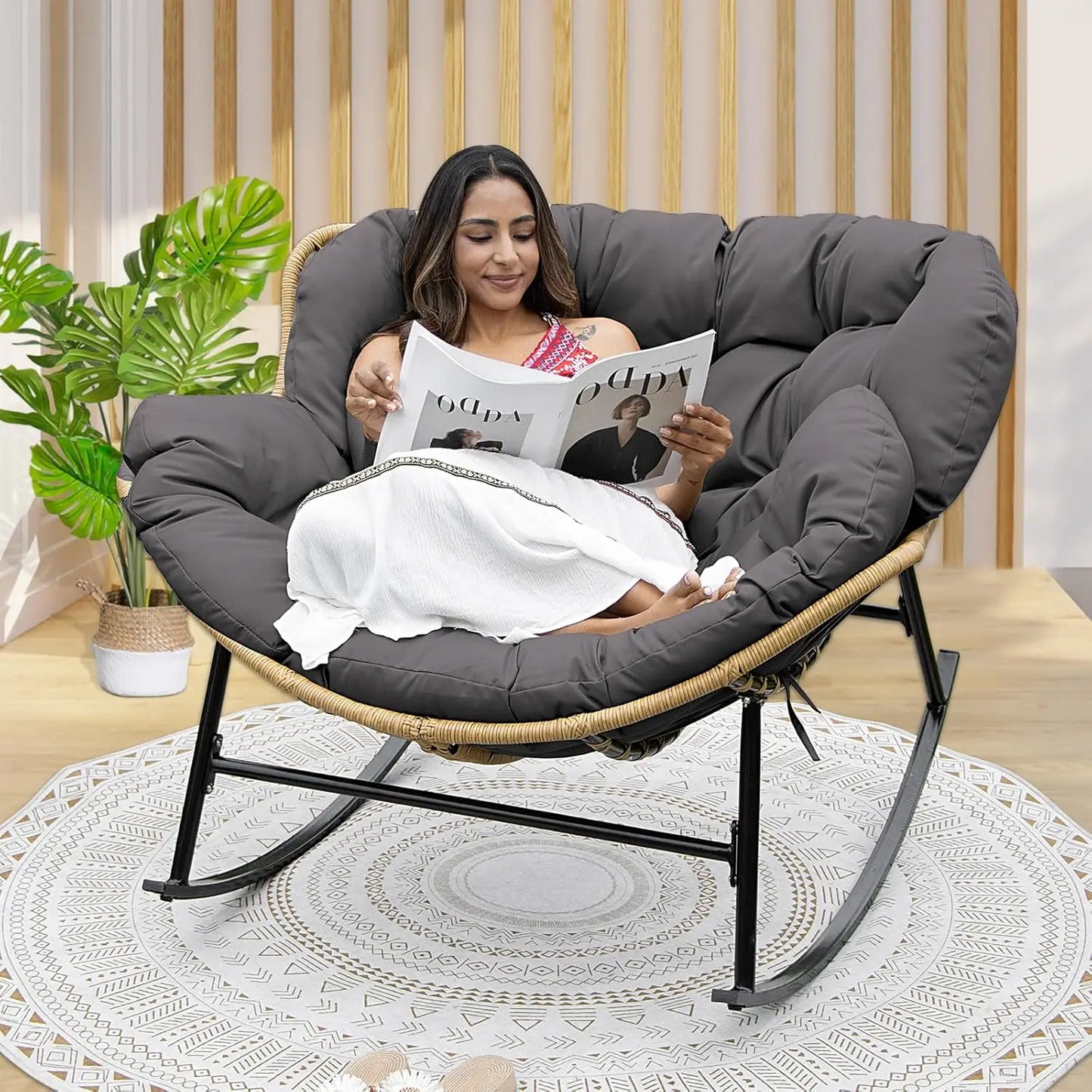 Outdoor Rocking Chair with Padded Cushion, Oversized PE Rattan Comfy Royal Rocking Lounge Chair, Modern Comfy Patio Egg Chair