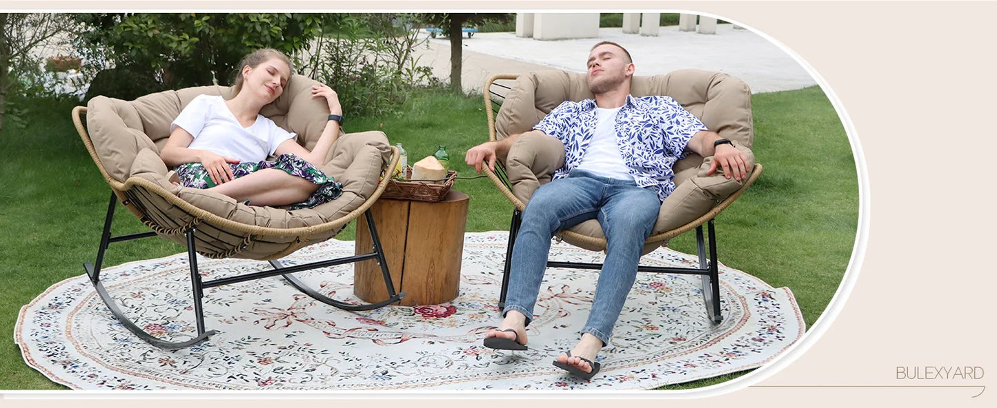 Outdoor Rocking Chair with Padded Cushion, Oversized PE Rattan Comfy Royal Rocking Lounge Chair, Modern Comfy Patio Egg Chair