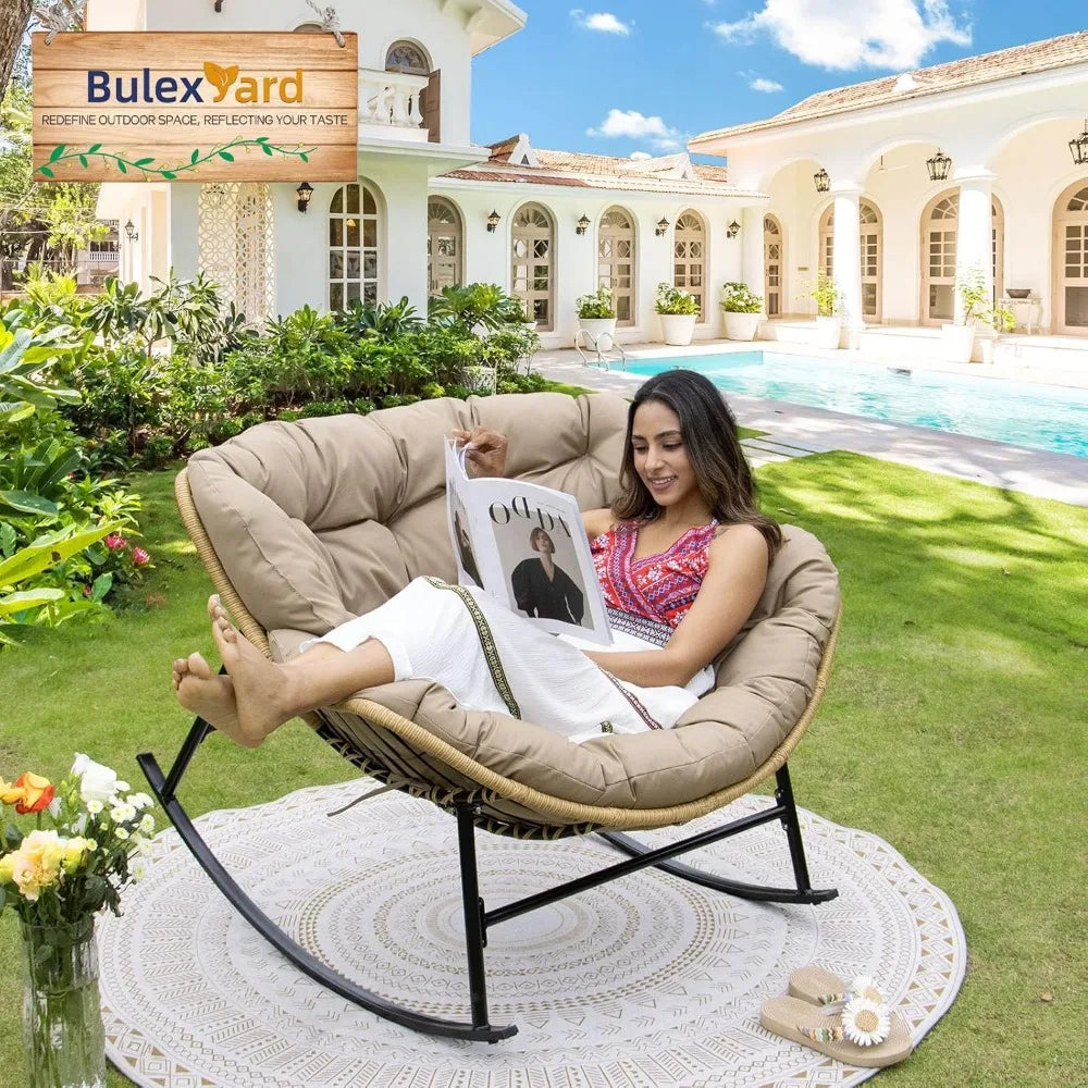 Outdoor Rocking Chair with Padded Cushion, Oversized PE Rattan Comfy Royal Rocking Lounge Chair, Modern Comfy Patio Egg Chair