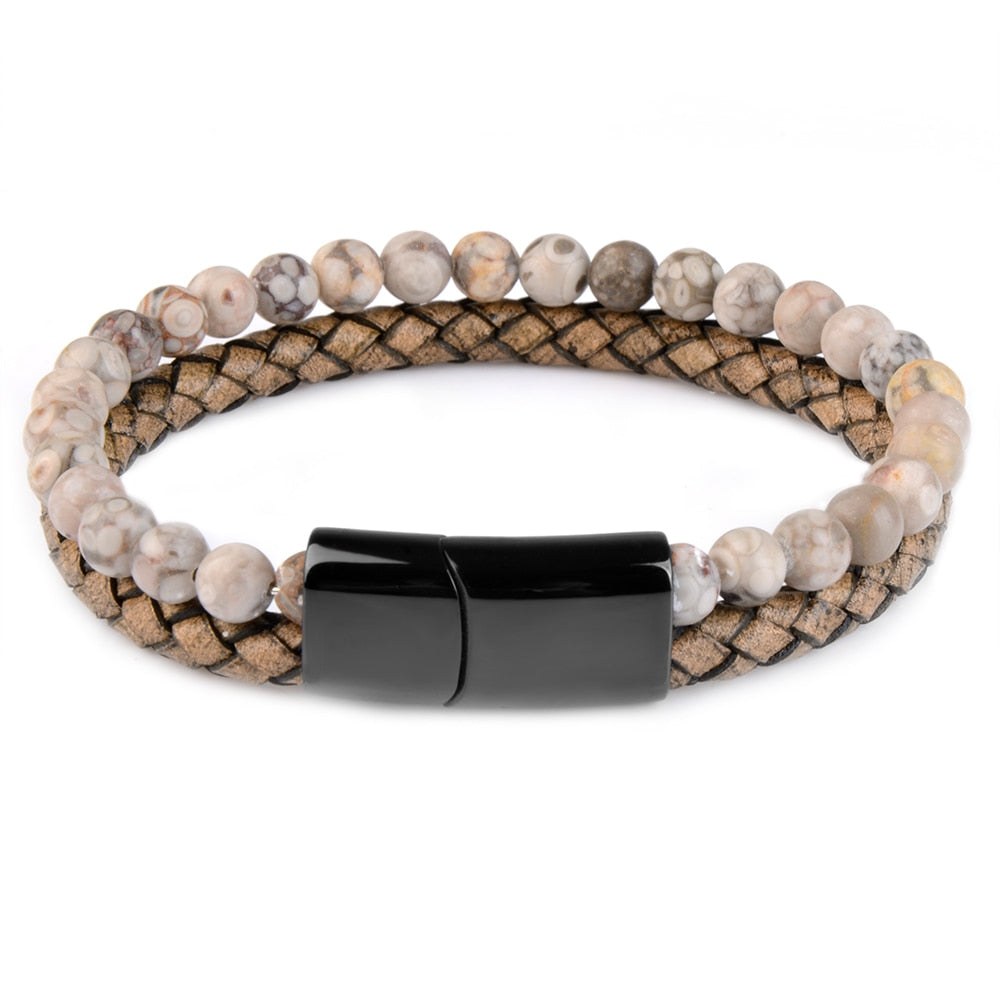 Natural Stone & Leather Braided Bead Bracelet