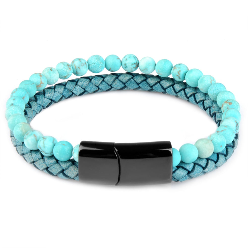 Natural Stone & Leather Braided Bead Bracelet