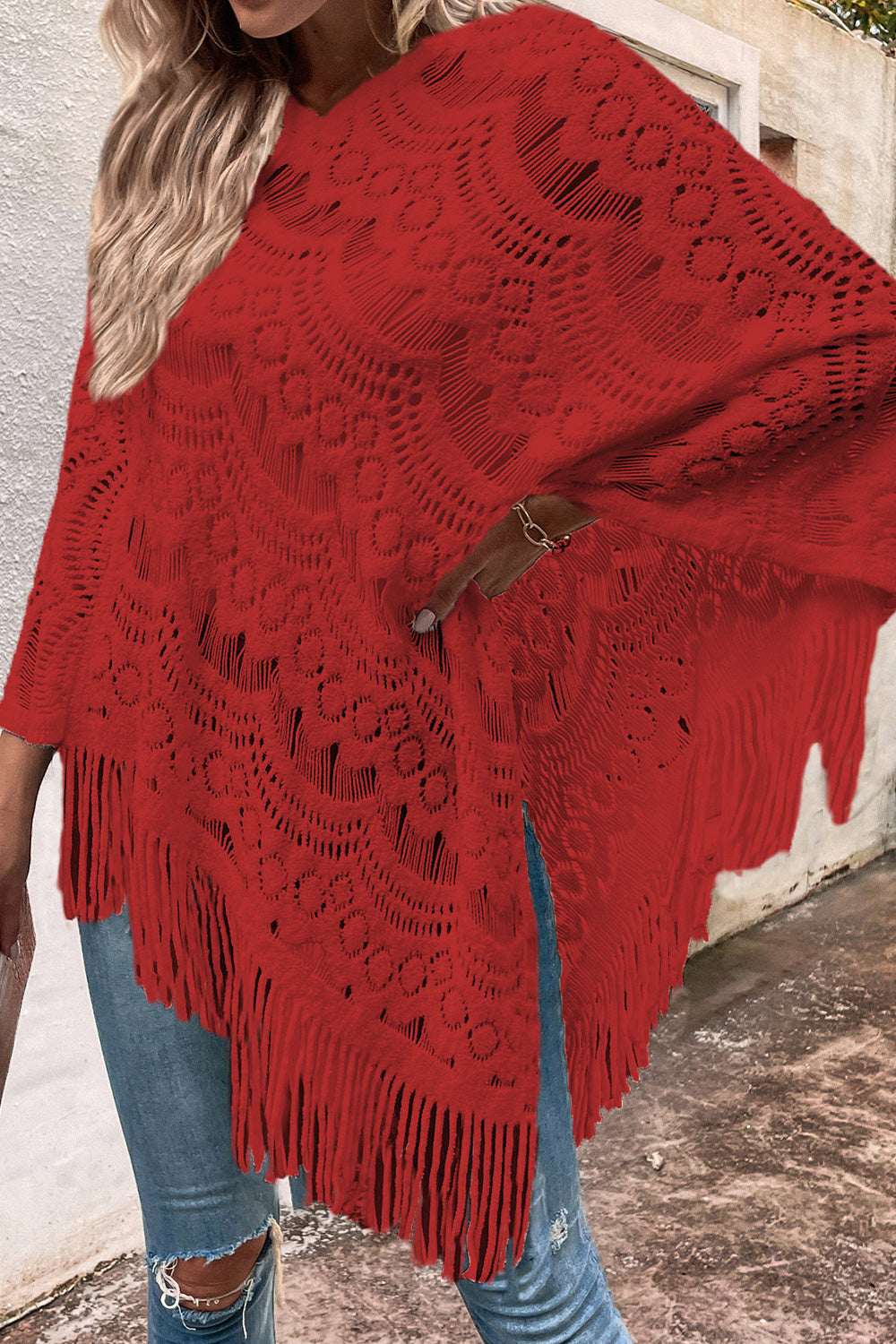 Openwork Fringe Detail Poncho