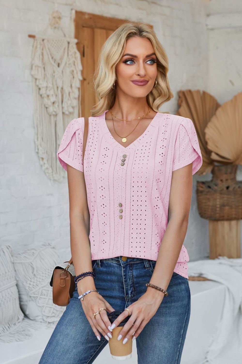 Decorative Button Eyelet V-Neck Short Sleeve T-Shirt