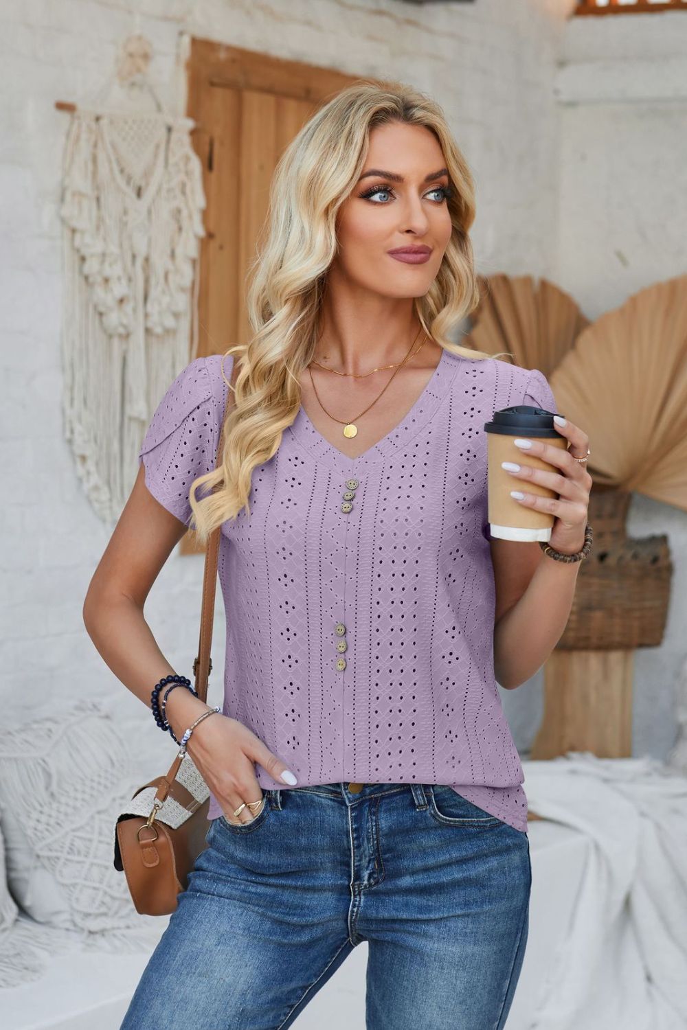 Decorative Button Eyelet V-Neck Short Sleeve T-Shirt