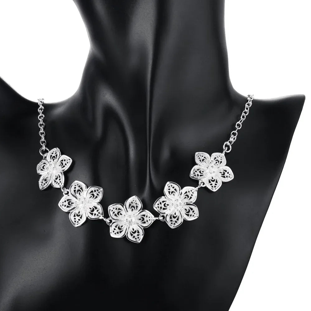 Sterling Silver Flower Necklace and Earrings Set