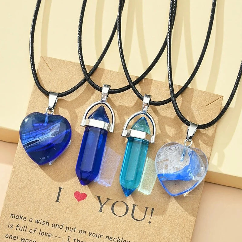 Geometric Glass Stone Pendant Necklaces - 4 piece set