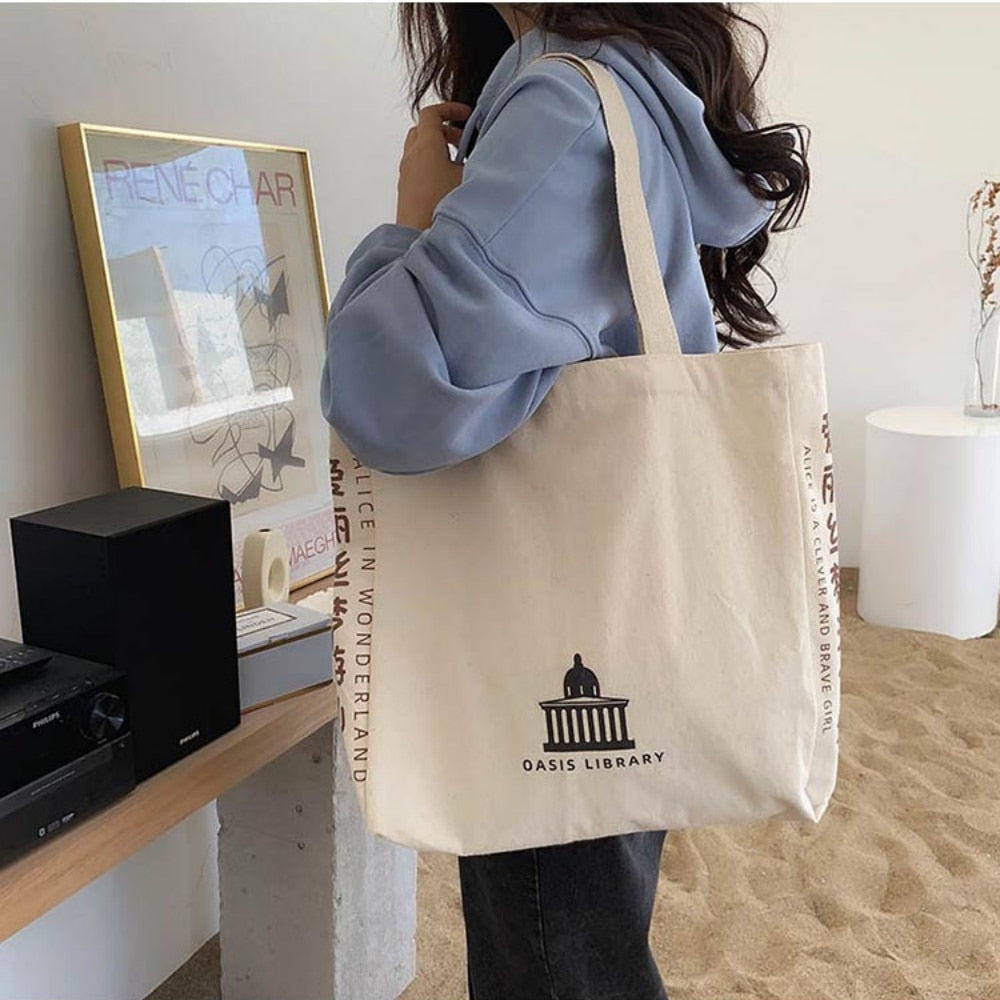 Women Canvas Shoulder Bag Alice In Wonderland Shopping Bags Students Book Bag Cotton Cloth Handbags Tote Bags for Girls Bolsos