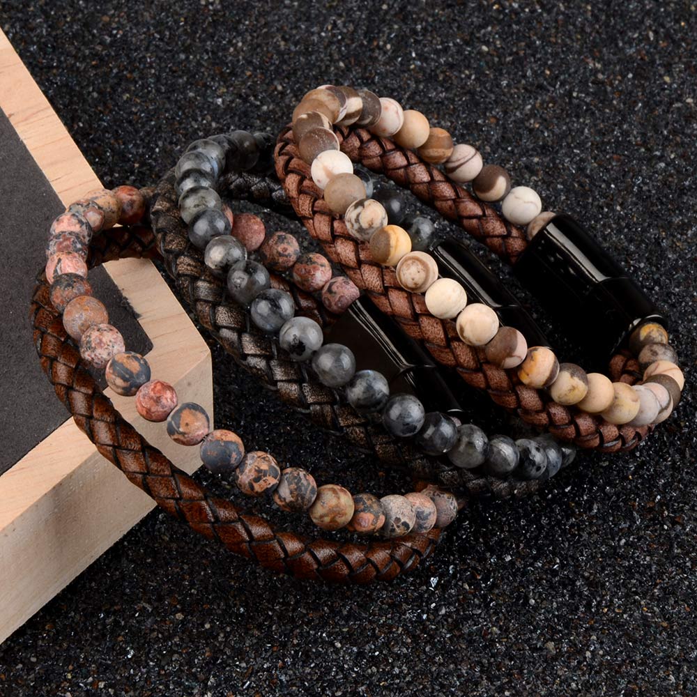 Natural Stone & Leather Braided Bead Bracelet