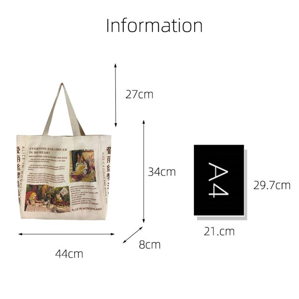 Women Canvas Shoulder Bag Alice In Wonderland Shopping Bags Students Book Bag Cotton Cloth Handbags Tote Bags for Girls Bolsos