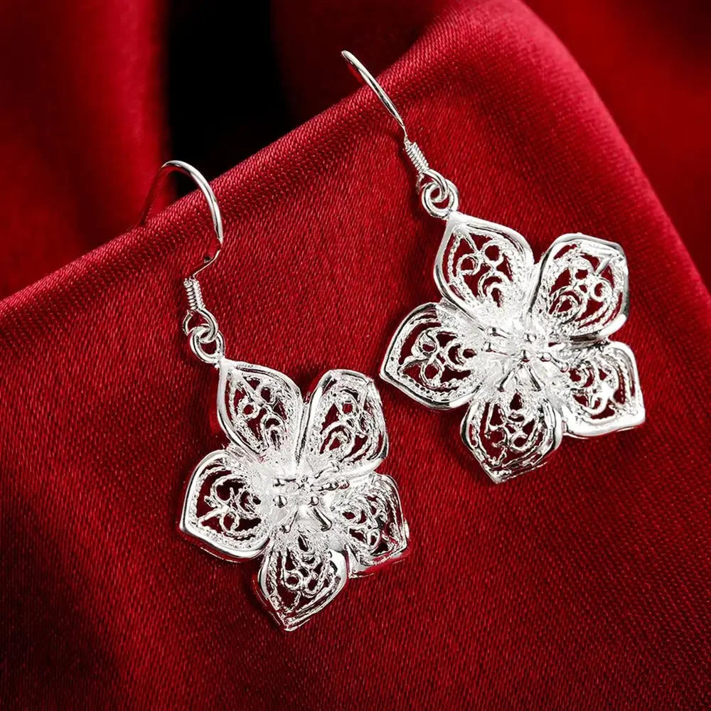 Sterling Silver Flower Necklace and Earrings Set