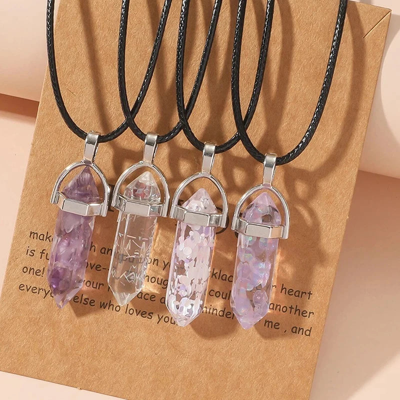 Geometric Glass Stone Pendant Necklaces - 4 piece set