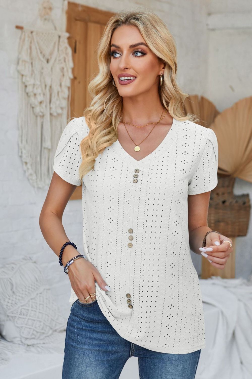 Decorative Button Eyelet V-Neck Short Sleeve T-Shirt