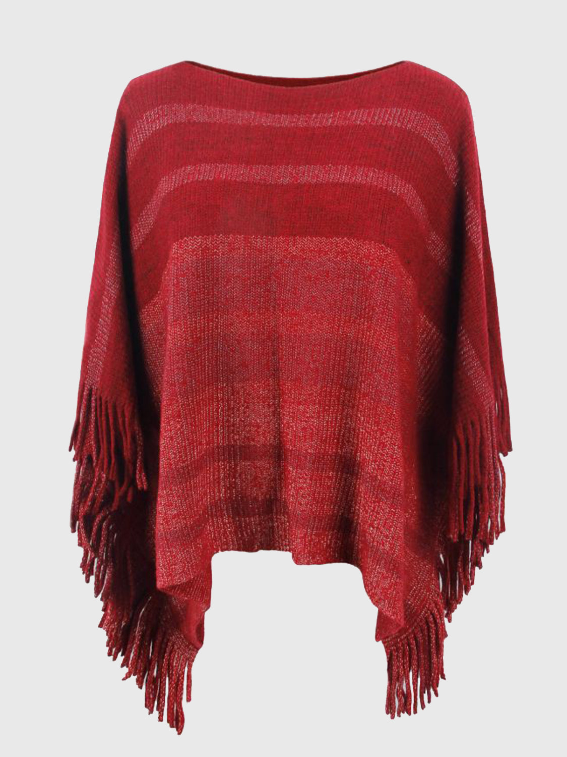 Striped Boat Neck Poncho with Fringes