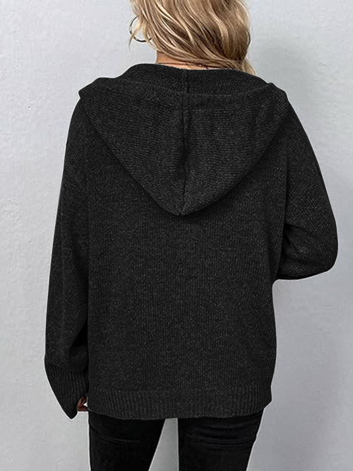 Button Up Drawstring Long Sleeve Hooded Cardigan