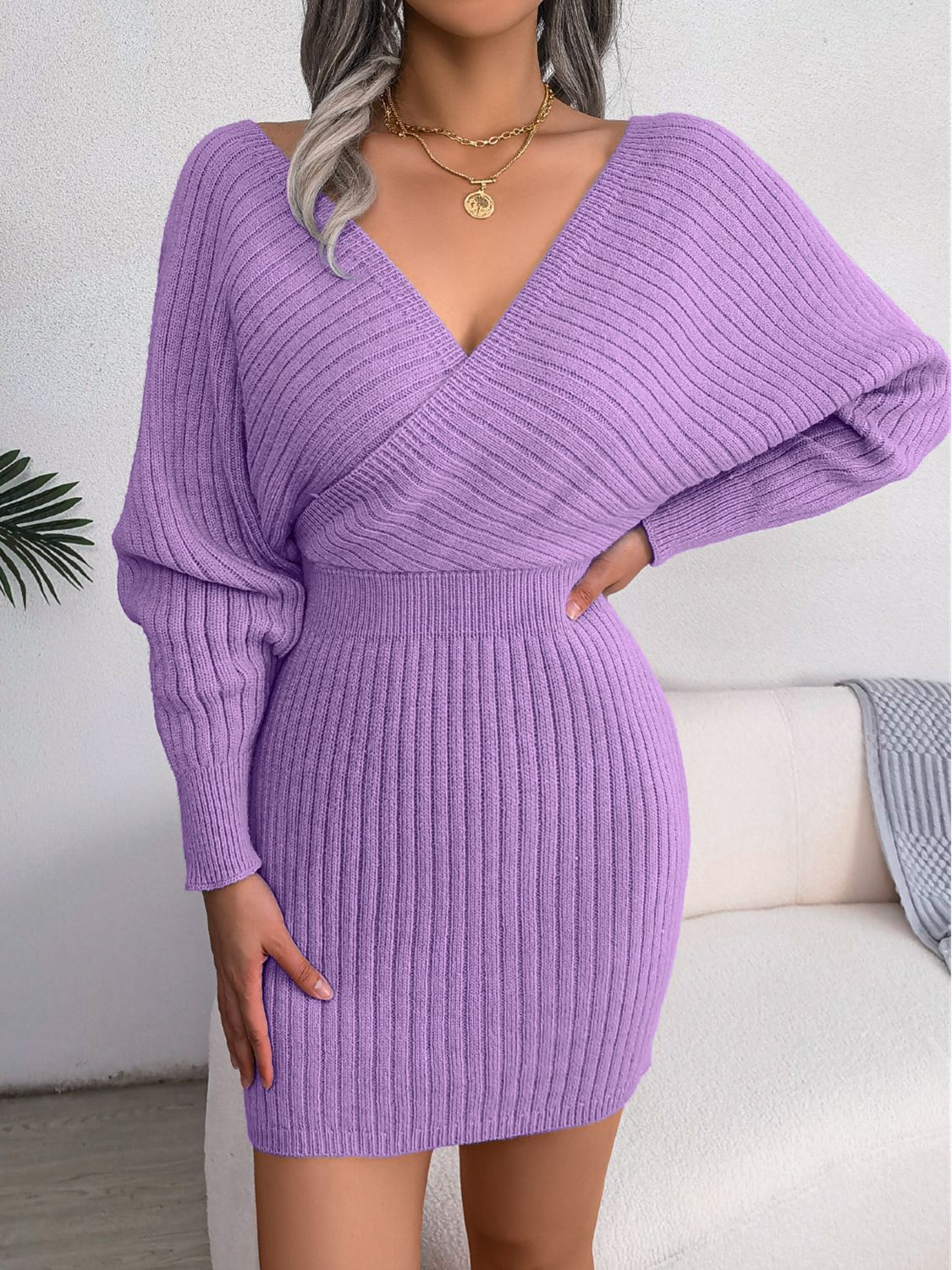 Rib-Knit Dolman Sleeve Sweater Dress