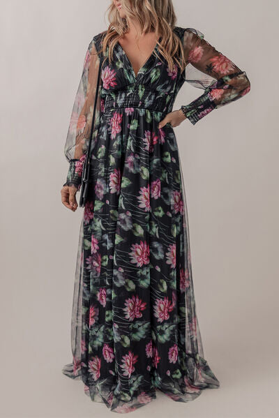 Somcked Floral V-Neck Long Sleeve Dress